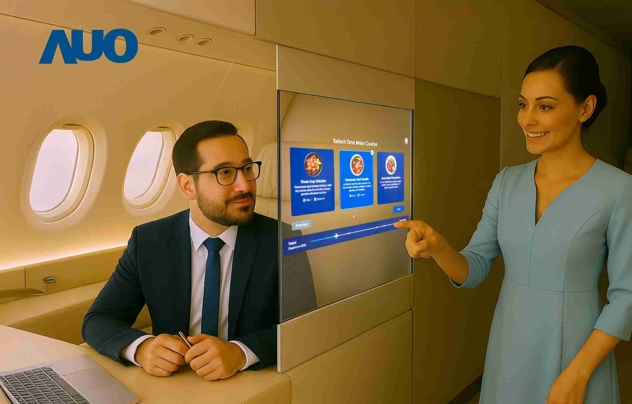 冰球突破研发全球最薄17.3 吋双面透明 Micro LED 显示器，，，，可在同一屏幕之双边投射不同信息，，，，创造独特的”透明化”互动；图为实时翻译交流应用情境